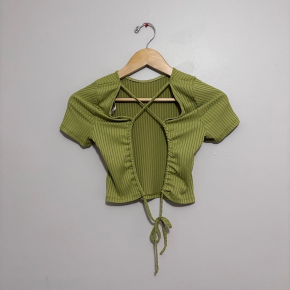 Blue Blush Ribbed Crop Open Back Top - Picture 2 of 2